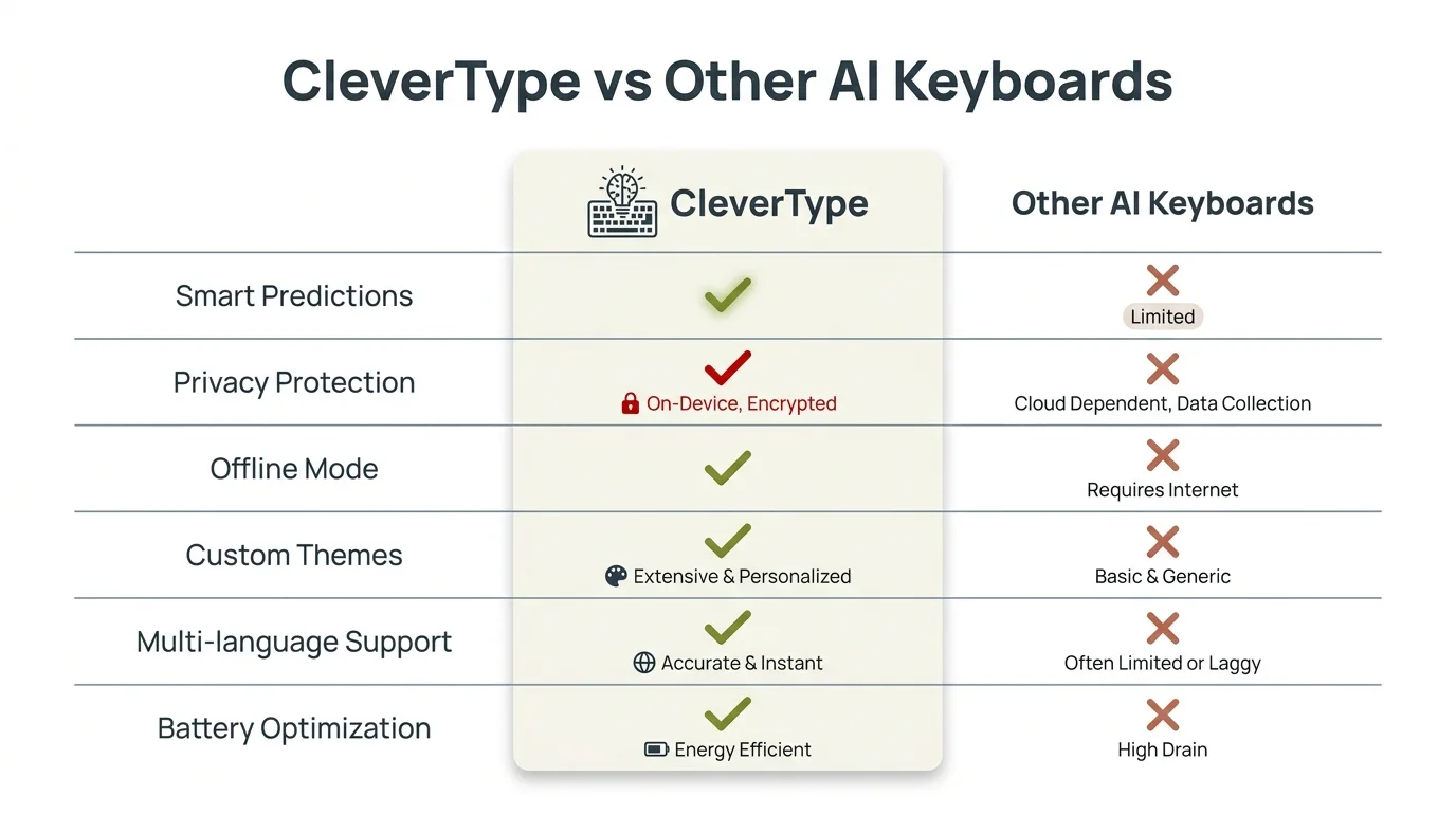 Product comparison matrix: CleverType vs other AI keyboards — CleverType offers free grammar fix, tone adjustment, AI replies, and translation while competitors charge $12–$20/month for equivalent features