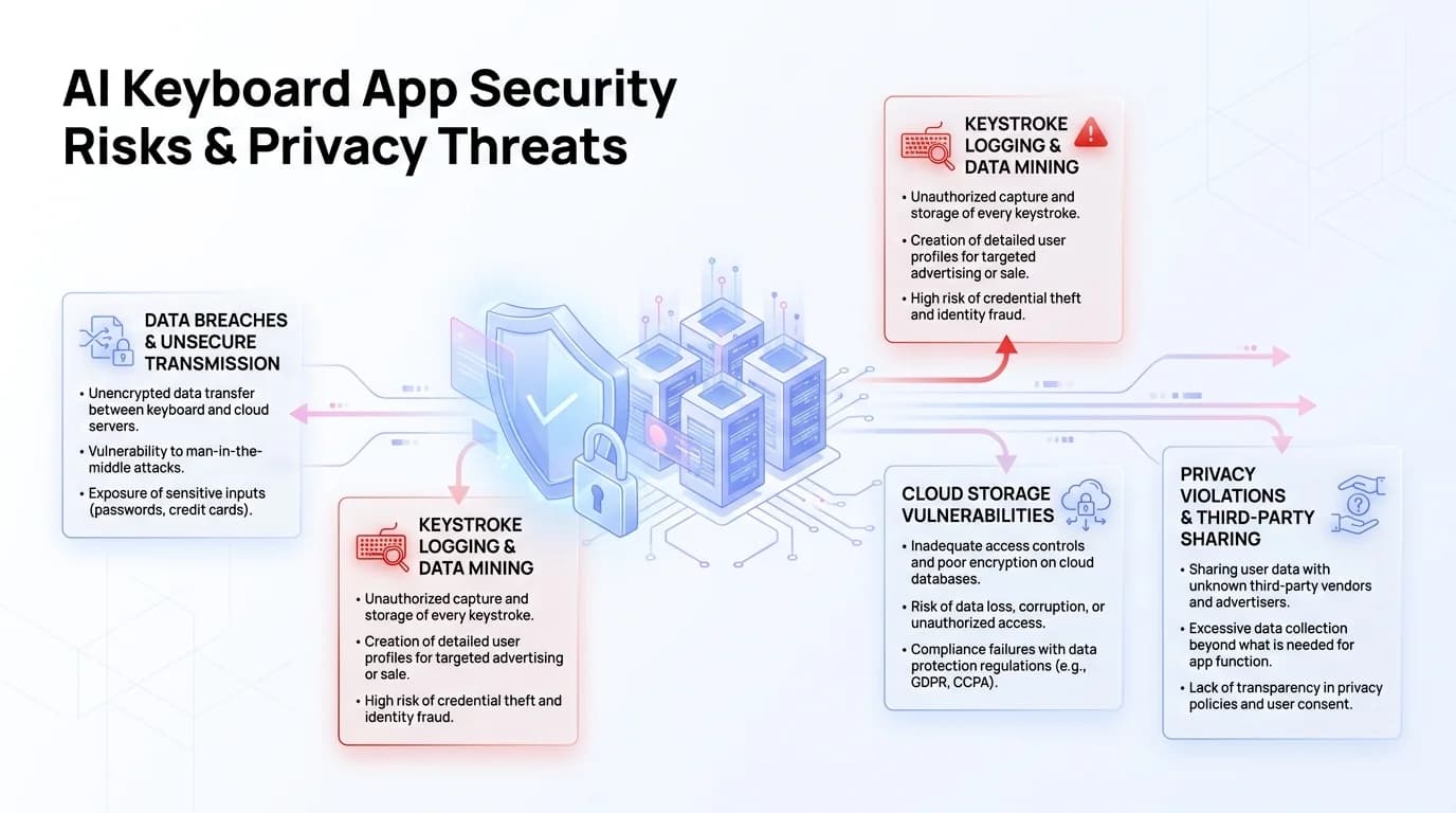 Cybersecurity infographic showing AI keyboard app security risks and privacy threats including data breaches, keystroke logging, and cloud storage vulnerabilities