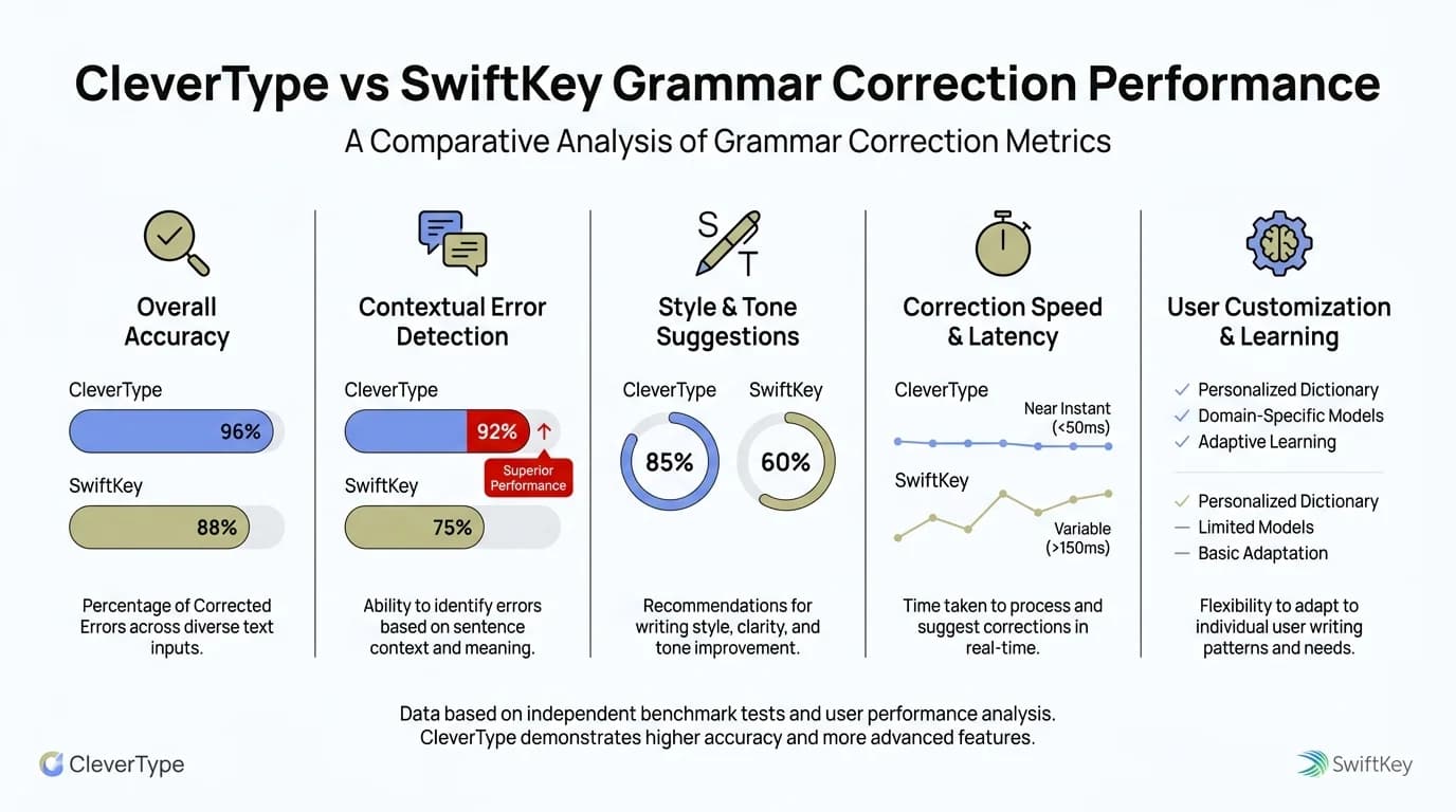 Grammar correction performance comparison: CleverType corrects over 90% of grammar errors vs SwiftKey's 40%, including subject-verb agreement and tense mistakes