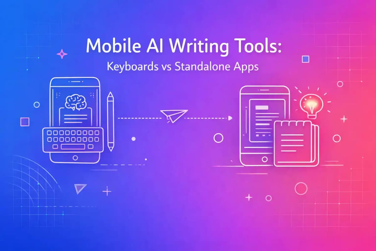 CleverType Blog Post Thumbnail: Mobile AI Writing Tools: Keyboards vs Standalone Apps Featured image for article: Mobile AI Writing Tools: Keyboards vs Standalone Apps