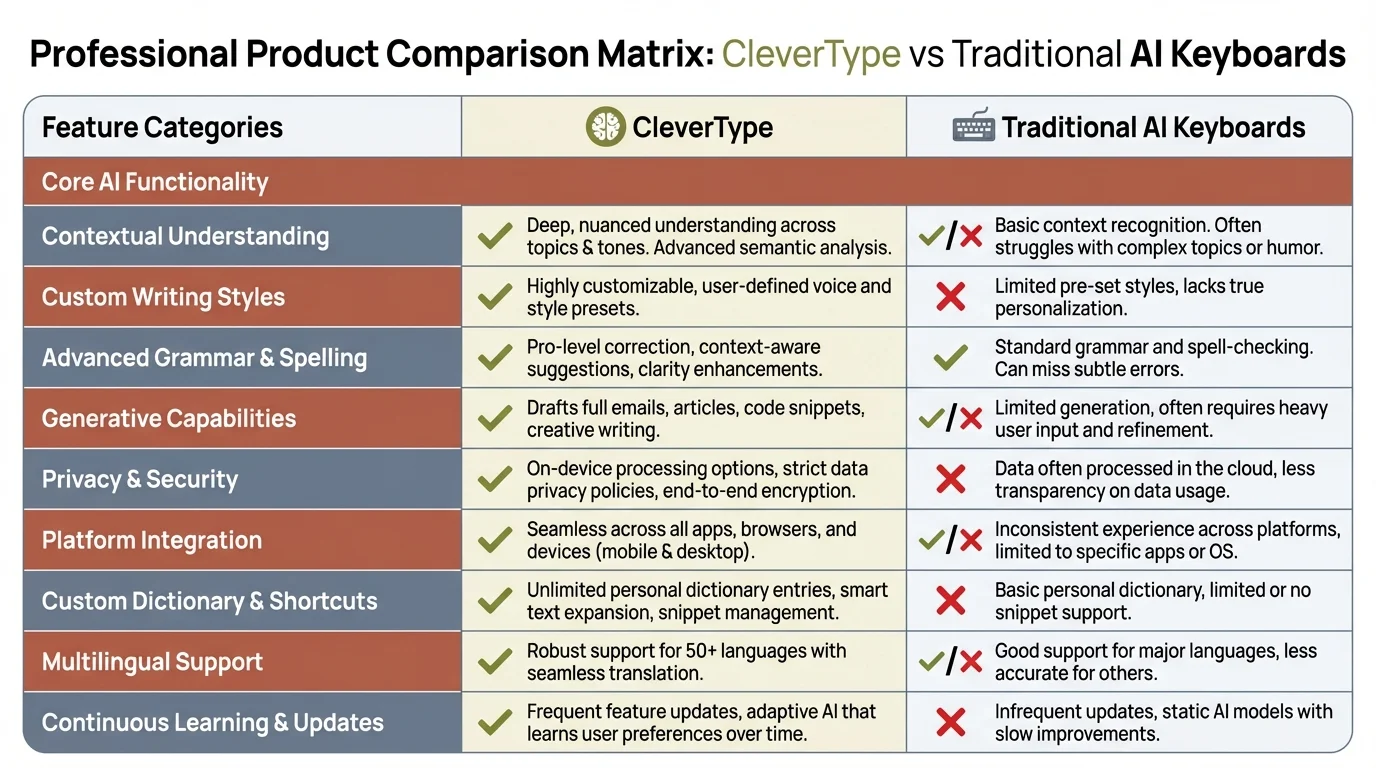 Feature comparison matrix showing CleverType vs Traditional AI Keyboards with key capabilities and advantages