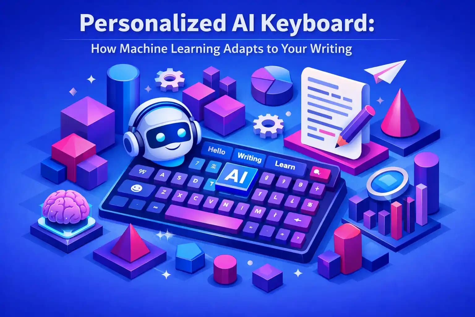 A smartphone displaying an AI keyboard interface with smart predictions and adaptive typing suggestions