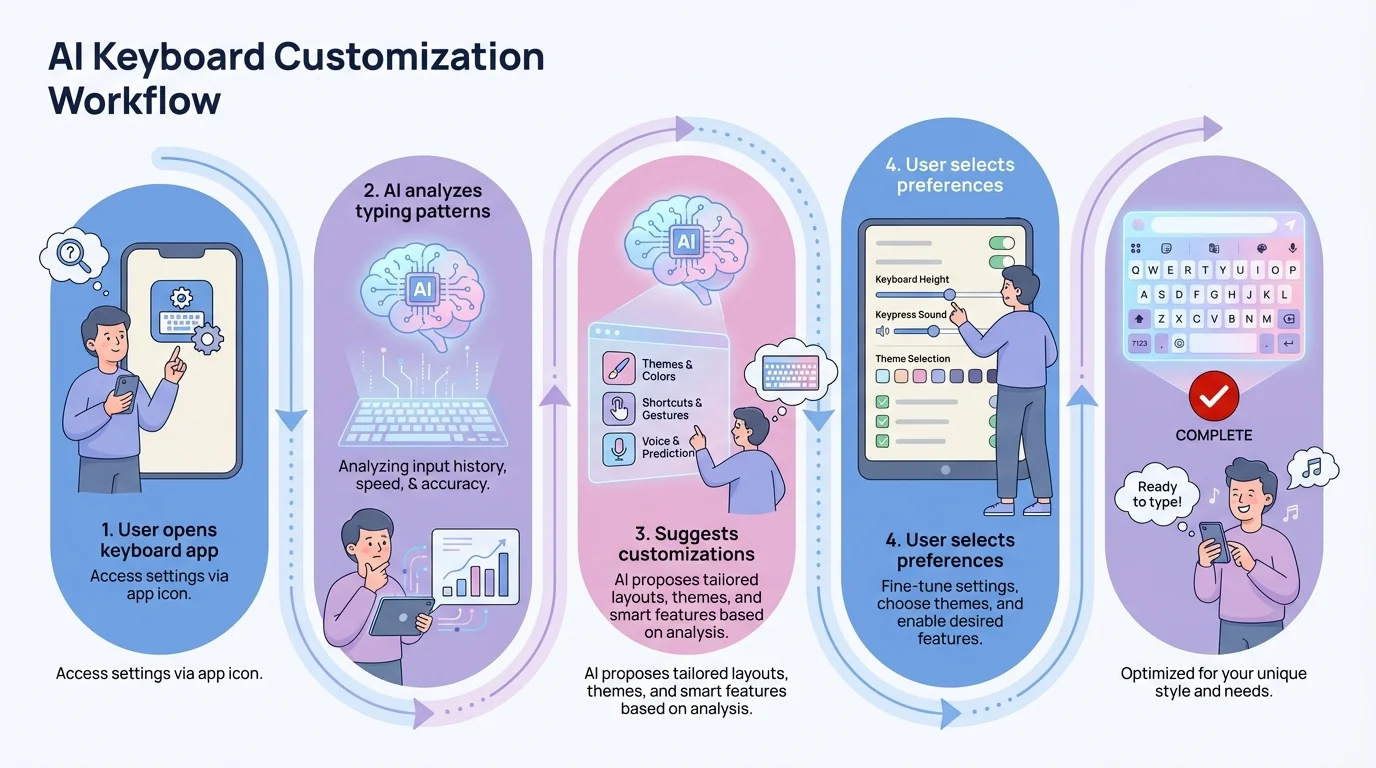 AI Keyboard Customization Workflow - Step-by-step process showing how to set up custom assistants, shortcuts, and personalized typing automation