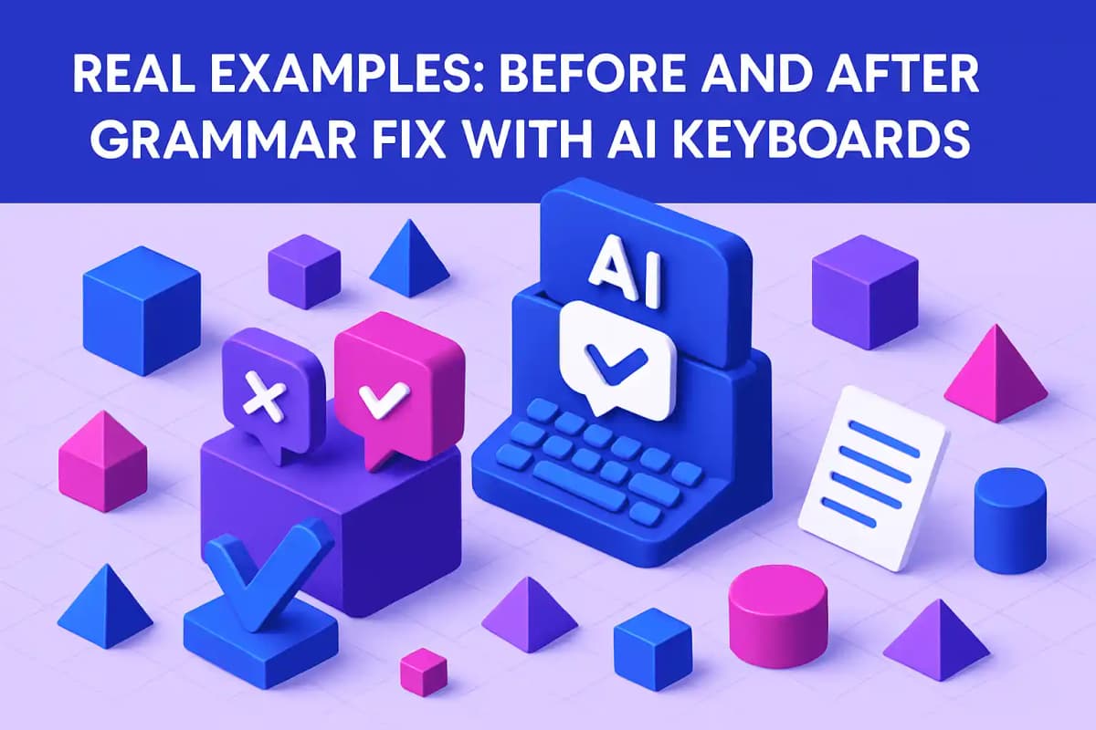 CleverType Blog Post Thumbnail: Real Examples: Before and After Grammar Fix With AI Keyboards Featured image for article: Real Examples: Before and After Grammar Fix With AI Keyboards