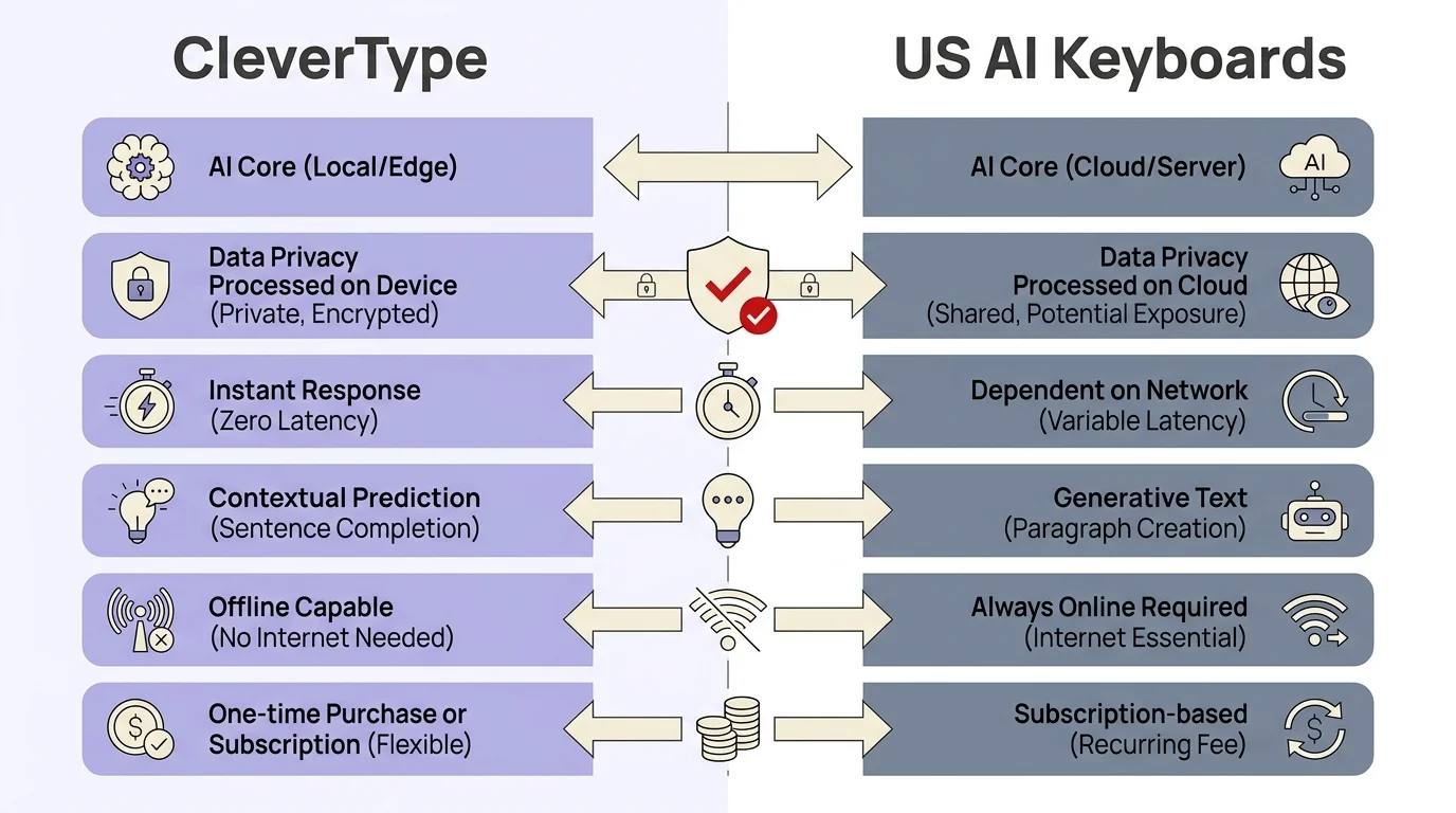 CleverType vs US AI Keyboards comparison — on-device privacy vs cloud data transmission