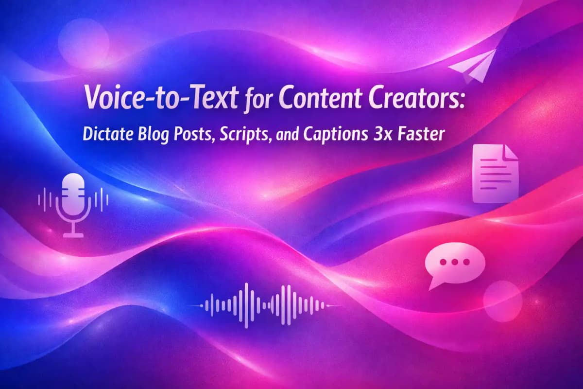 CleverType Blog Post Thumbnail: Voice-to-Text for Content Creators: Dictate Blog Posts, Scripts, and Captions 3x Faster Featured image for article: Voice-to-Text for Content Creators: Dictate Blog Posts, Scripts, and Captions 3x Faster