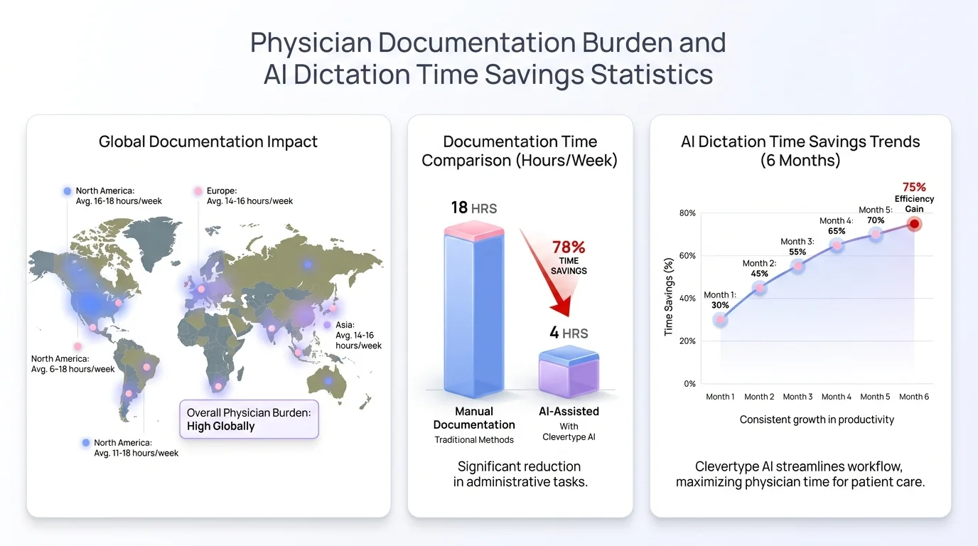 Infographic showing physician documentation burden statistics — doctors spend 34% of work time on documentation, AI dictation saves 8+ hours per week, ambient AI reduces after-hours charting by 30%
