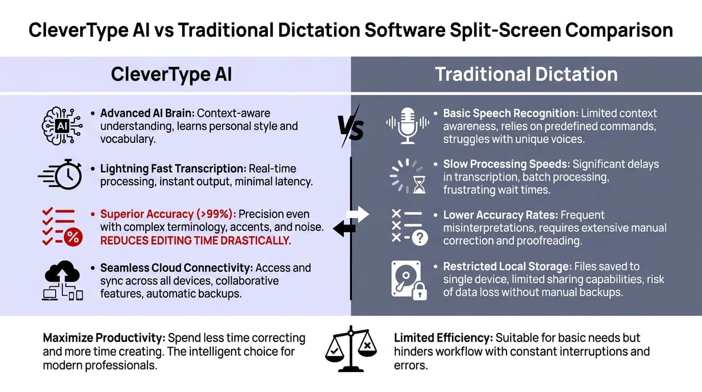 Comparison infographic: CleverType AI vs Traditional Dictation Software — AI-powered tools offer faster setup, higher accuracy, privacy-first design, and context-aware suggestions compared to traditional dictation solutions