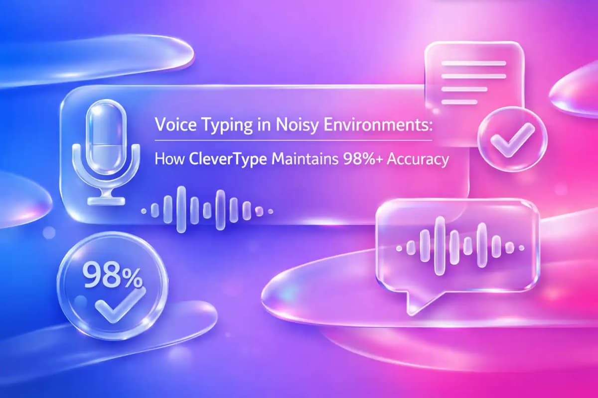 CleverType Blog Post Thumbnail: Voice Typing in Noisy Environments: How CleverType Maintains 98%+ Accuracy Featured image for article: Voice Typing in Noisy Environments: How CleverType Maintains 98%+ Accuracy