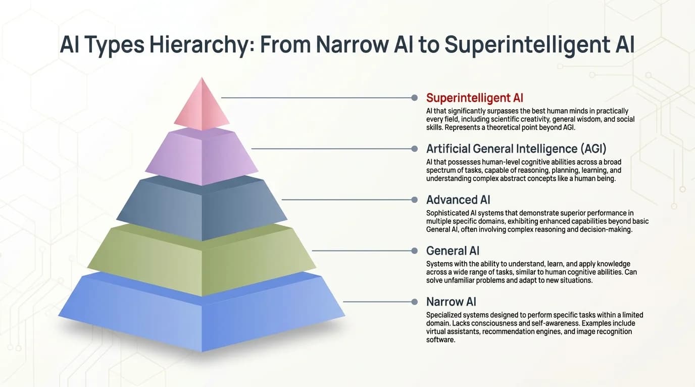 AI Types Hierarchy pyramid showing Narrow AI at the base, General AI in the middle, and Superintelligent AI at the top