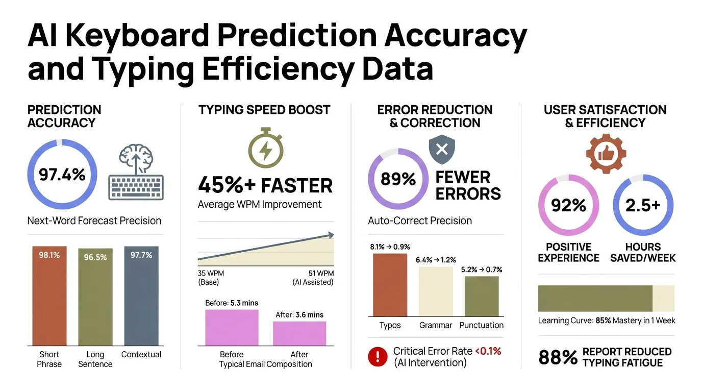 AI Keyboard Prediction Accuracy and Typing Efficiency — statistics showing 92% first-word accuracy, 78% three-word phrase accuracy, and 35-40% typing time savings
