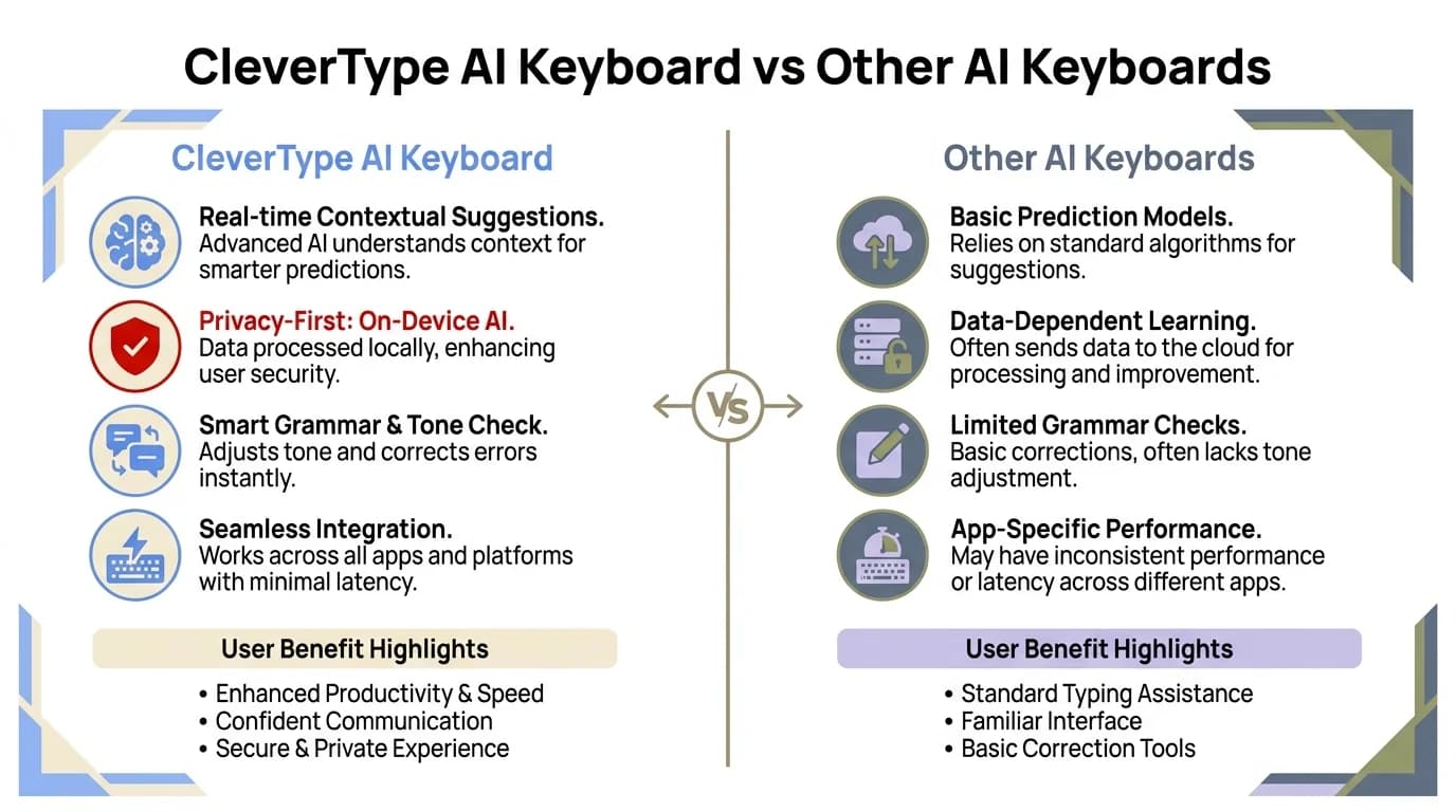 CleverType AI Keyboard vs Other AI Keyboards — feature comparison showing CleverType's superior capabilities including custom AI assistants, privacy-first design, and advanced grammar correction