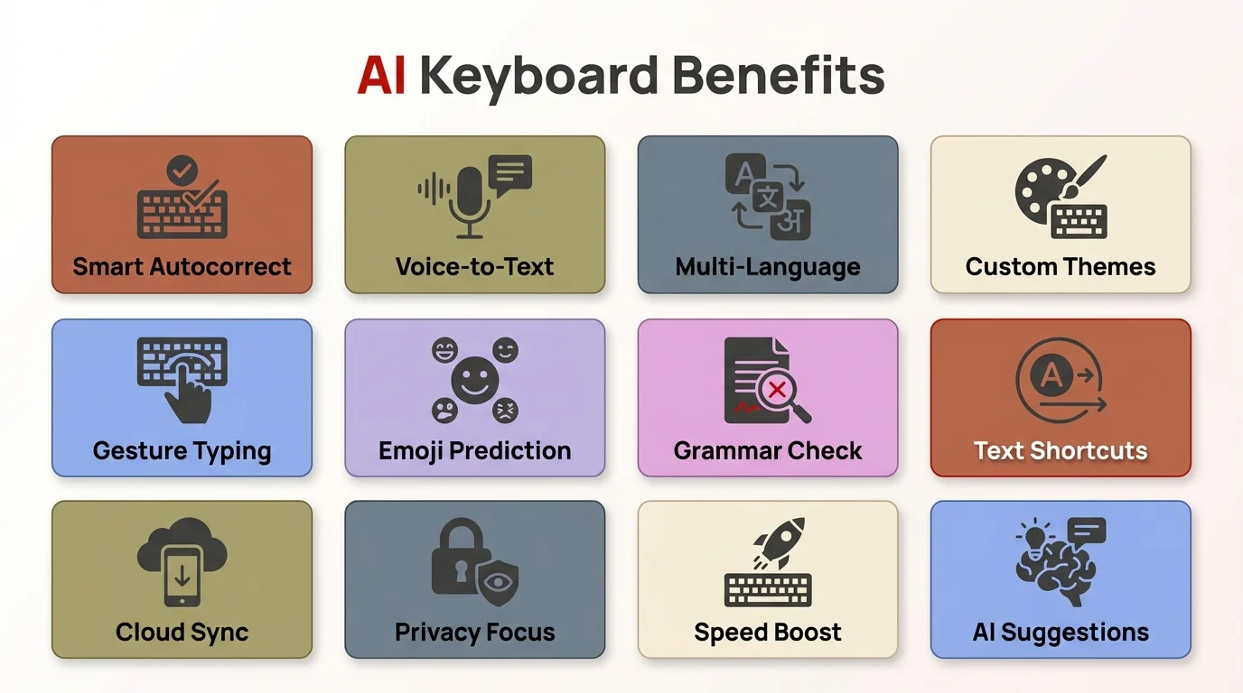 Visual guide showing the key benefits of AI keyboard apps including smart prediction, grammar correction, time efficiency, and accessibility features