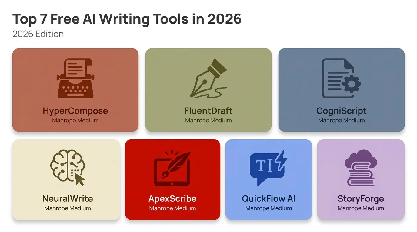 Top 7 Free AI Writing Tools in 2026 — quick-facts grid showing ChatGPT, Claude, Grammarly, QuillBot, LanguageTool, Writesonic, and Rytr