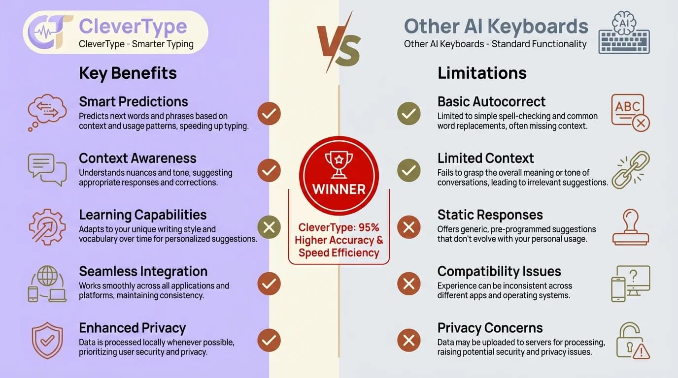 CleverType vs Other AI Keyboards — side-by-side comparison of AI grammar fix, tone adjustment, smart replies, translation, and privacy features