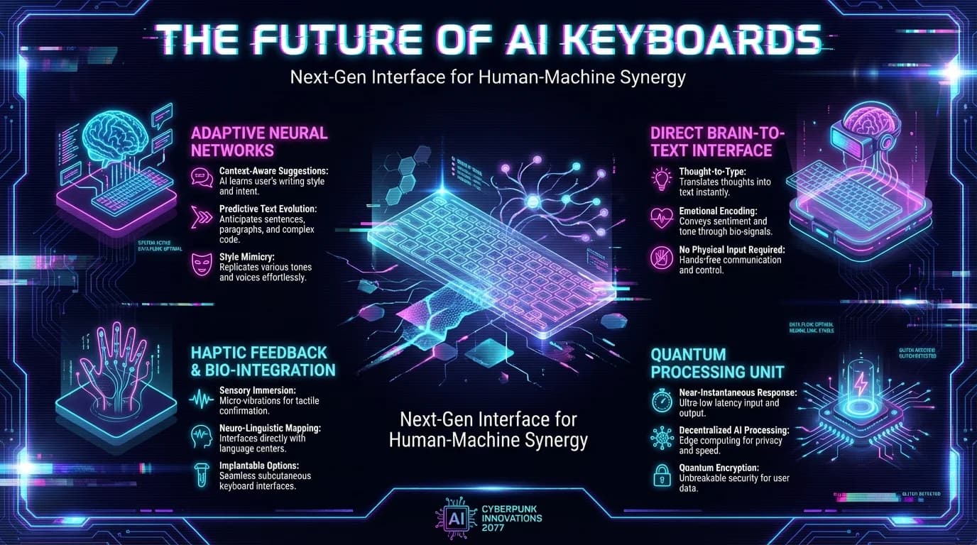 Futuristic infographic showing the evolution and future of AI keyboards with on-device processing, privacy-first features, and advanced capabilities