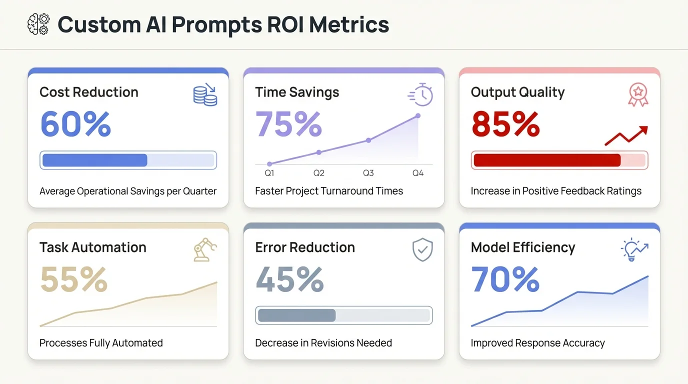 Corporate dashboard showing key ROI metrics for custom AI prompts including time savings, productivity gains, cost efficiency, and revenue growth percentages