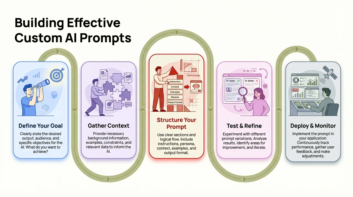Step-by-step visual guide showing the 5-stage process for building effective custom AI prompts: defining goals, gathering context, structuring prompts, testing and refining, and deploying with monitoring
